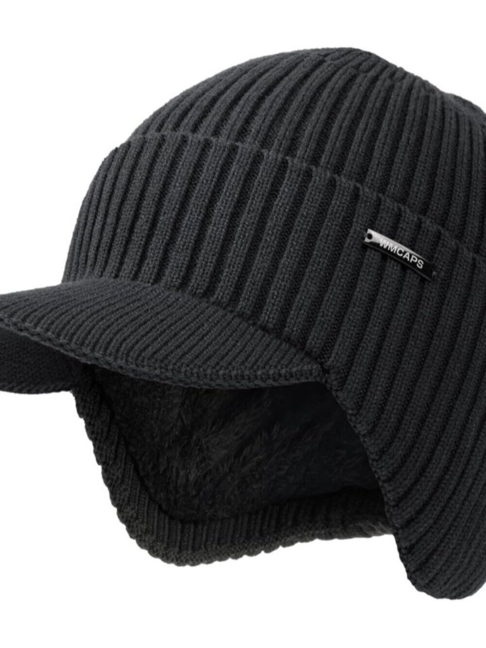 Unisex Dark Grey Lined Knit Beanie - Brim Ear Flaps Winter Classic Stocking Cap